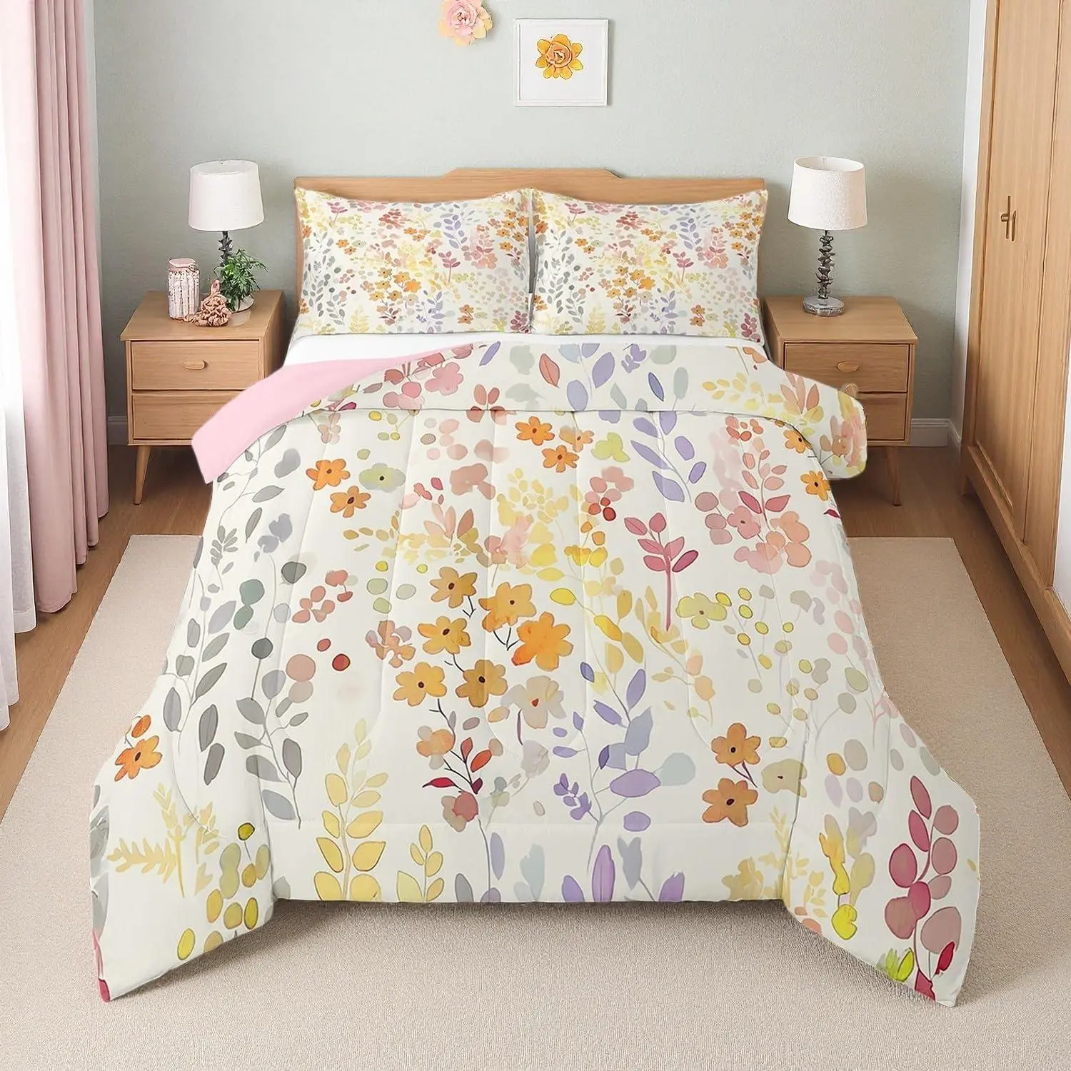 Boho Floral Comforter Set for Kids Girls Women,Cute Colorful Flowers Bedding Set,Rustic Country Home Decor,Bohemian Wild Flower Quilt Bed Set,Watercolor Bed Comforter Set