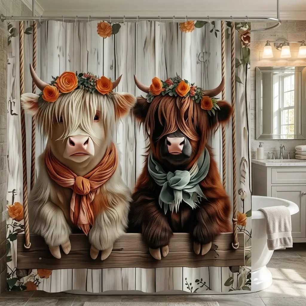 Whimsical Highland Cattle Shower Curtain, Rustic Farmhouse Design, Floral Wreaths, Roses, Cozy Knitted Scarves, Vintage Wood Plank Background