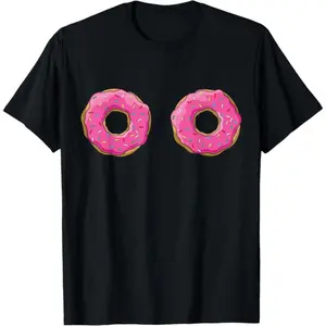 [100% Cotton] Funny Donut Boobs Sprinkle Doughnut T-Shirt Printed Short Sleeves T-Shirt For Men And Women
