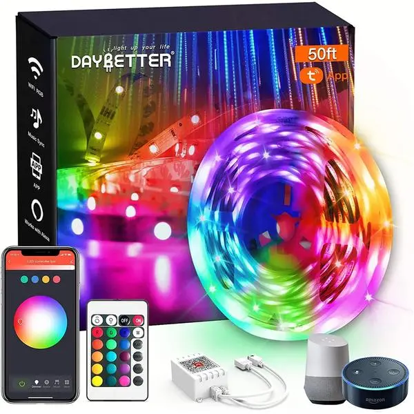 DAYBETTER Smart WiFi Led Lights, Tuya App Controlled, Work with Alexa and Google Assistant, Timer Schedule, RGB Strip Color Changing Décor for Bedroom Party Kitchen, 50ft