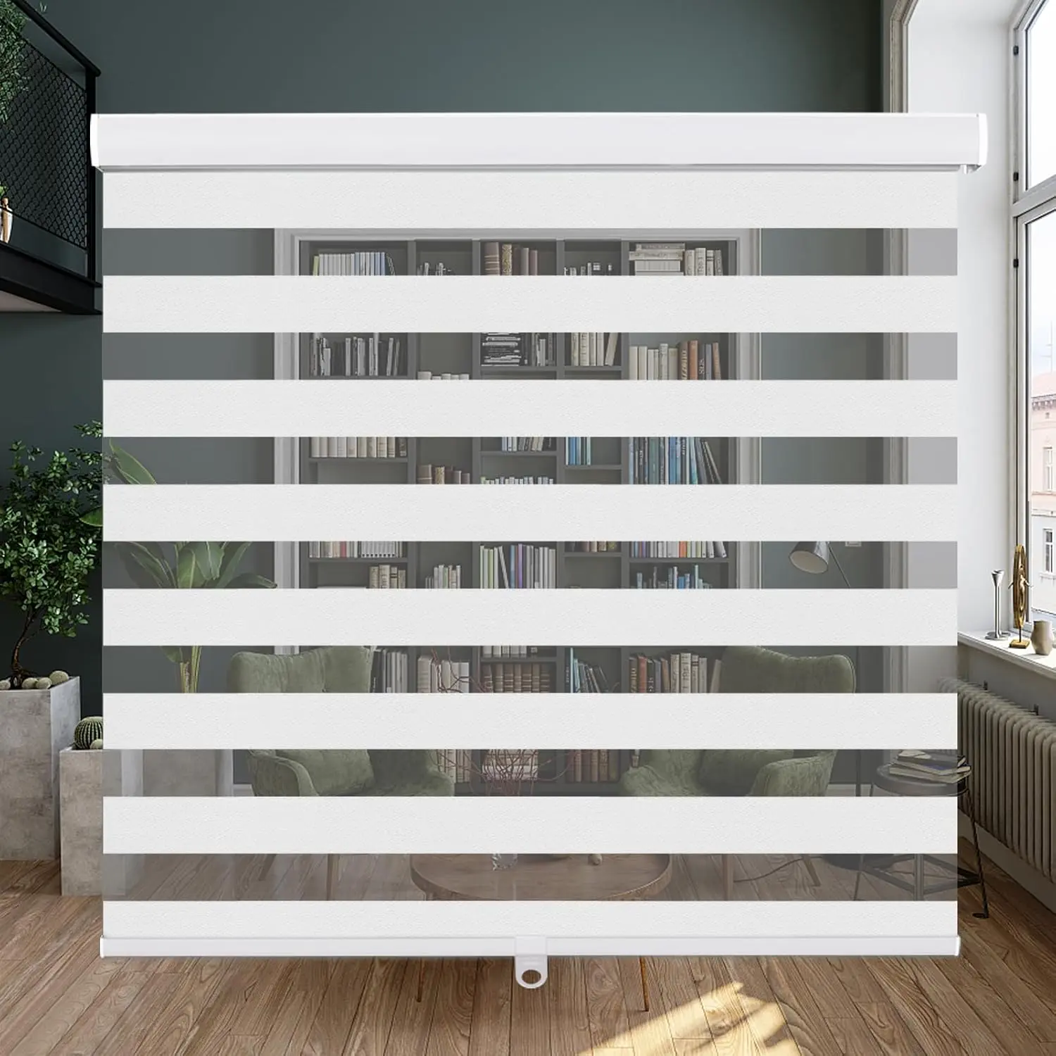 LUCKUP Cordless Zebra Shades, Dual Layer Day-Night Privacy Blackout Fabric Roller Blinds with Valance, 72" H, White