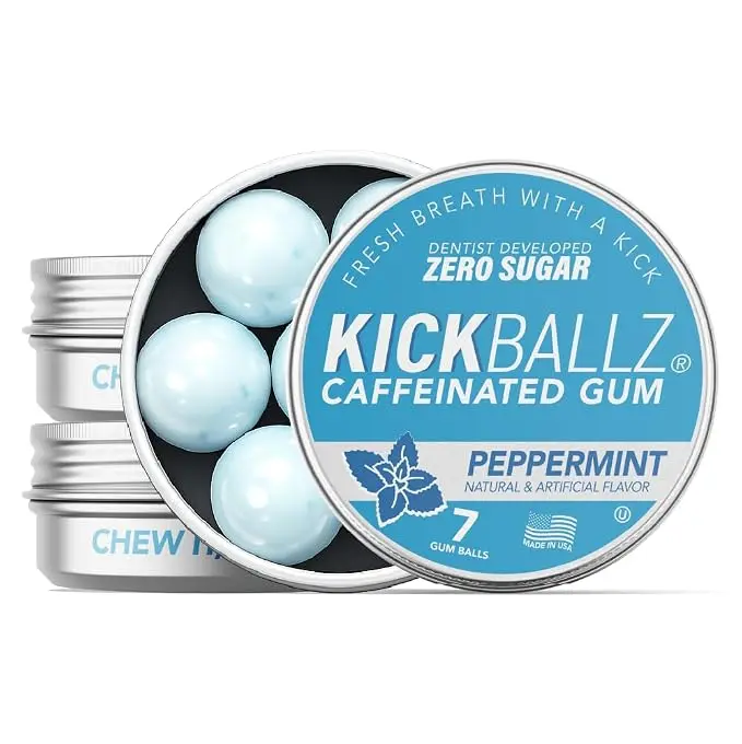 KickBallz Peppermint Caffeinated Gum – 110mg Fast-Acting Caffeine, Sugar-Free, Dentist-Created, 3-Tin Pack Gum