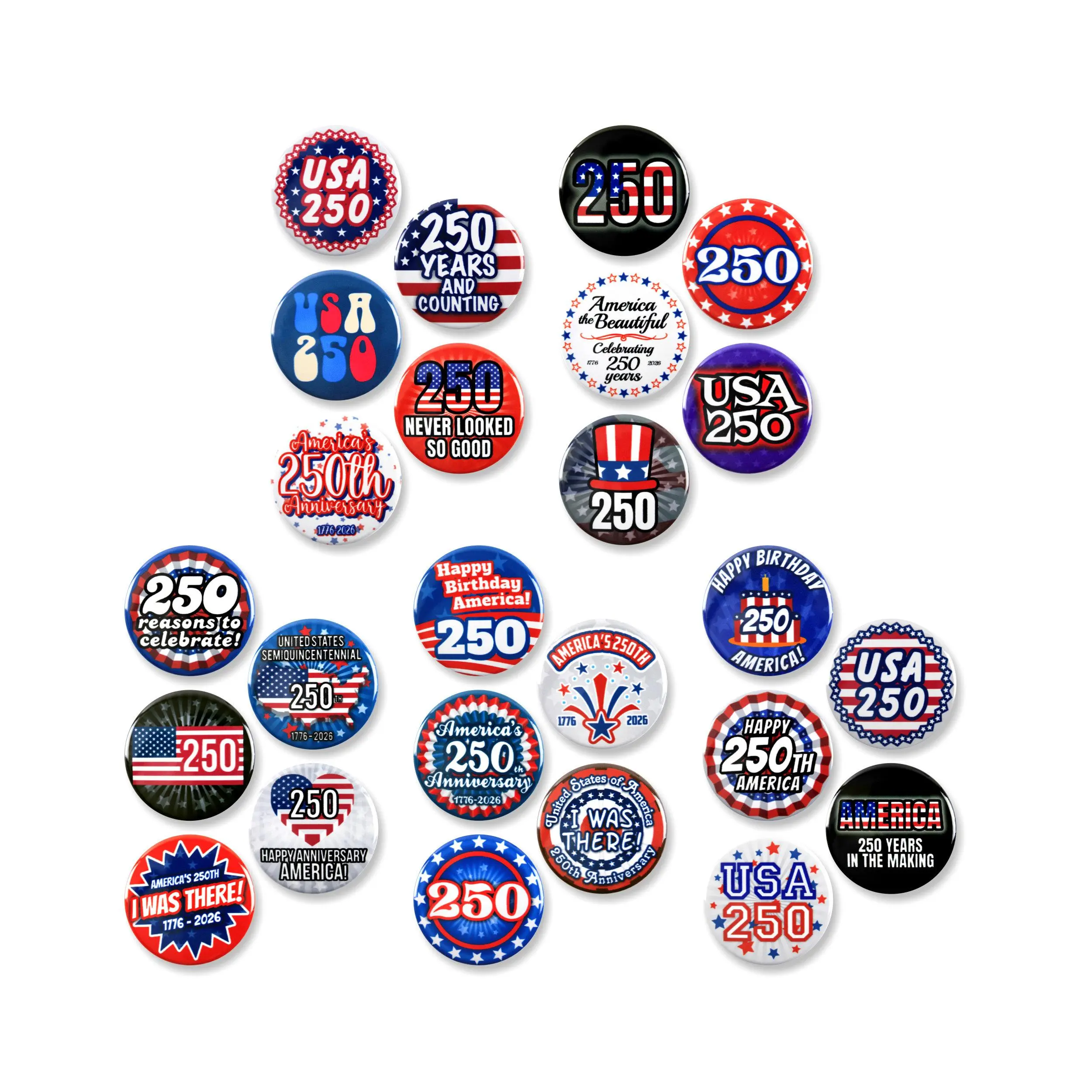 25 Pack - USA 250 Years Forth Of July Semiquincentennial Anniversary Celebration Pinback Buttons - 1.5 Inch