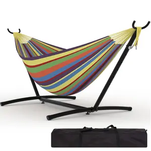2 Person Hammocks with Stand for Outside, Double Hammocks Portable Space Saving Heavy-Duty Steel Stand for Indoor Outdoor Patio with Carrying Bag, 450 lbs Capacity-Yellow Rainbow Stripes