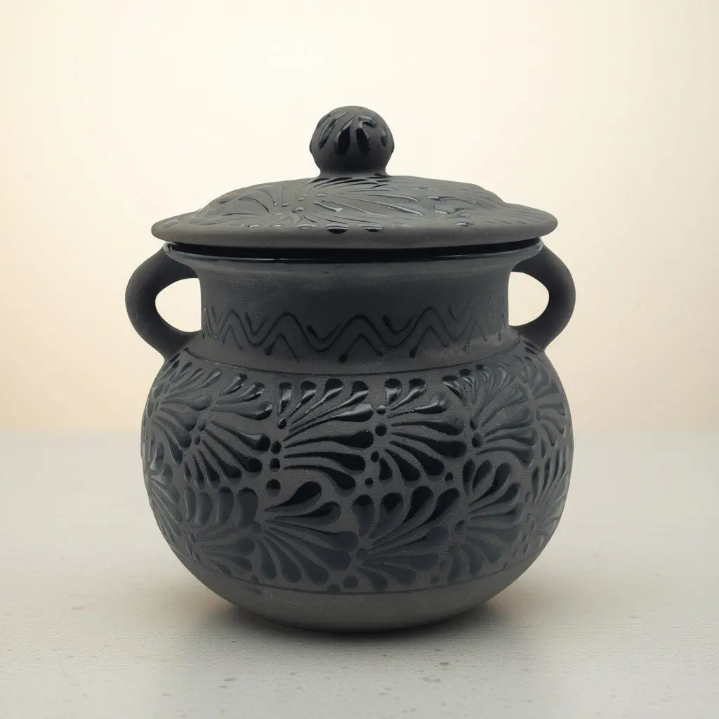 Black Talavera Bean Pot with Lid | Mexican Clay Frijolero