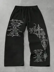 Men's Casual Sporty Long Pants, Graphic Print Drawstring Wide Leg Joggers, Loose Fit All Season Wearable Men's Clothing