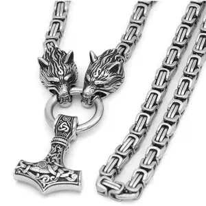 Wolf Head with Thor Mjolnir Pendant Necklace Stainless Steel - King Chain