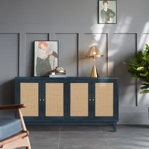Dreamzon Handcrafted Premium Grain Panels,Rattan Sideboard Buffer Cabinet,Accent Storage Cabinet With 4 Rattan Doors, Modern Storage Cupboard Console Table with Adjustable Shelves for Living Room ,BLUE