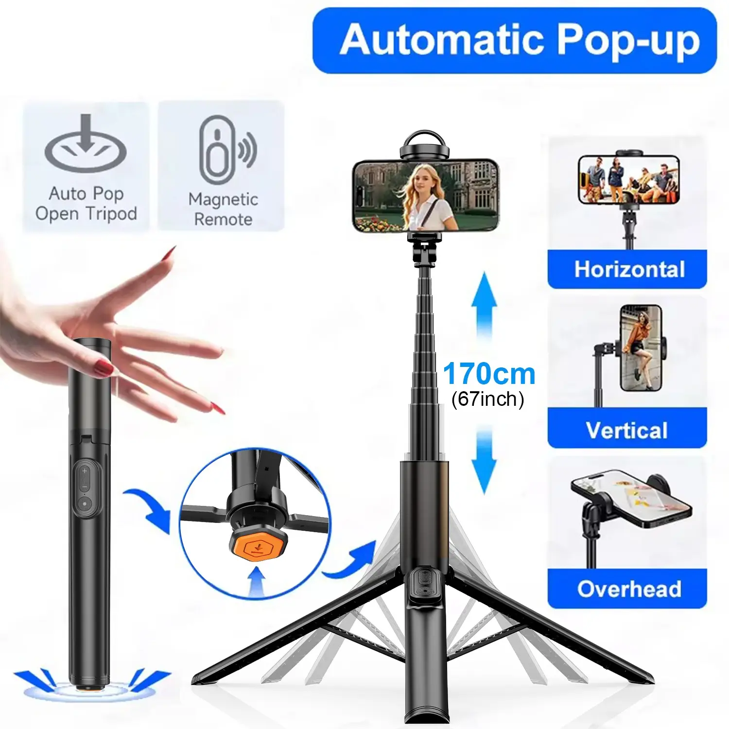 Auto-Extend Phone Tripod Monopod with Wireless Remote, Adjustable Travel Selfie Stick for iPhone & Android, Ideal for Video Recording & Tiktok