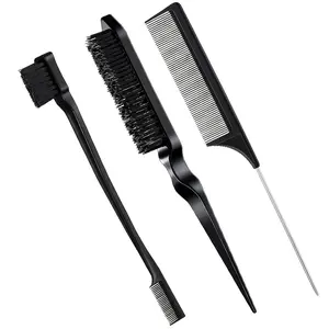 3-Piece Hair Brush Set: Boar Bristle Brush, Edge Control Brush, and Teasing Comb for Natural Black Hair Haircare Heatless