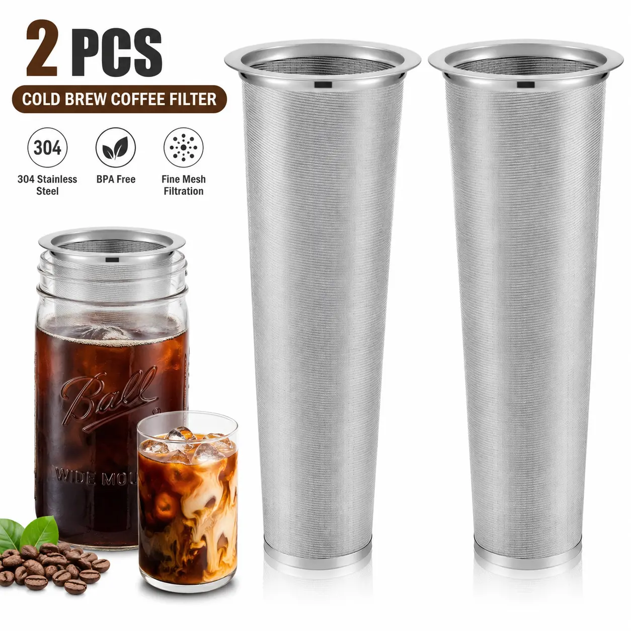 2-Pack Cylindrical Stainless Steel Cold Brew Coffee Filter - Fine Weave Mesh Infuser Strainer, Fits 2qt Wide Mouth Mason Canning Jars, Iced Tea Making Tool, Fits 2Qt Jars