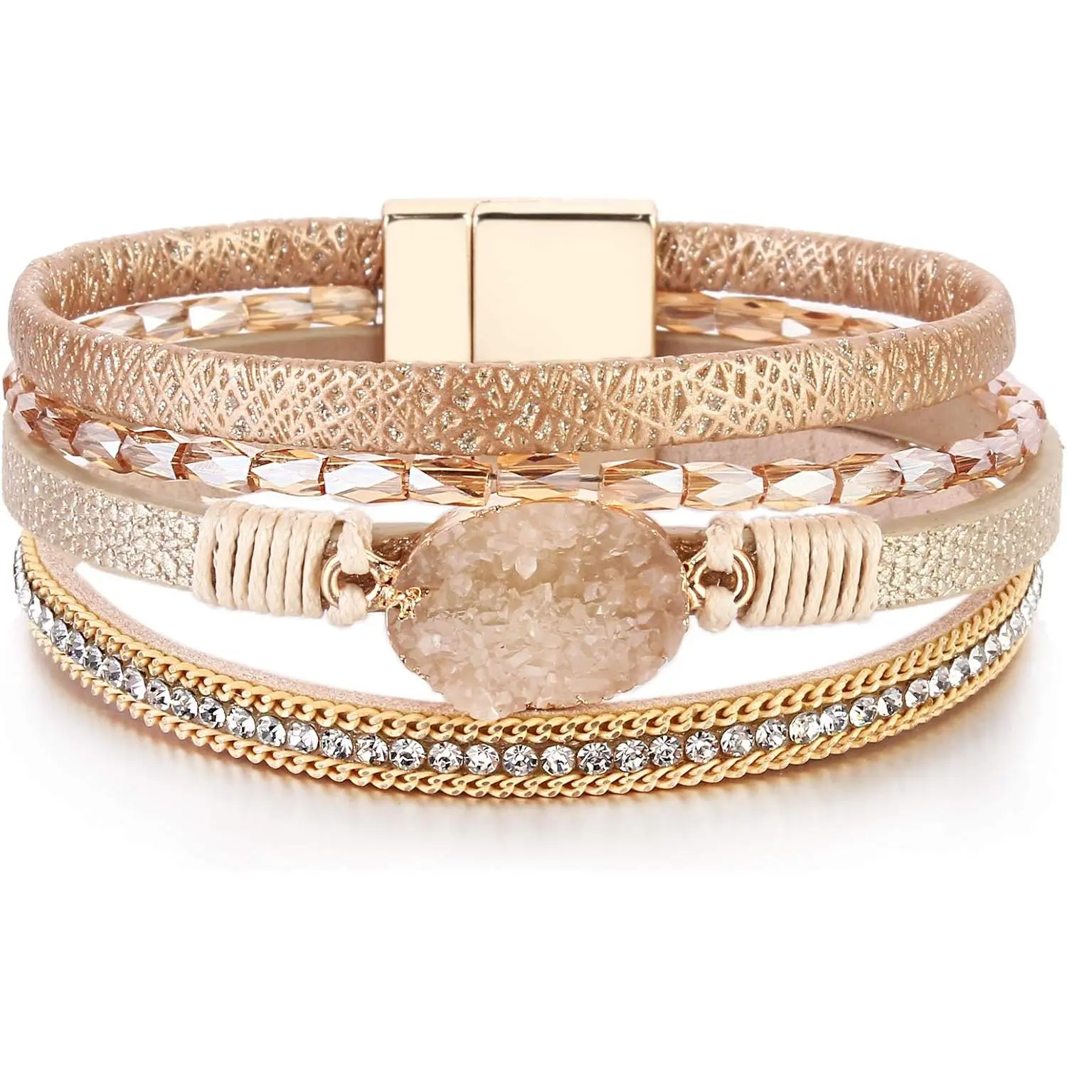 Baby Girls' Boho Chic Crystal Leather Wrap Cuff Bracelet, Adjustable Stack Bracelets, Chunky Western Jewelry for Summer Beach Outfits, Affordable Prices, Fast Shipping, Easy Support