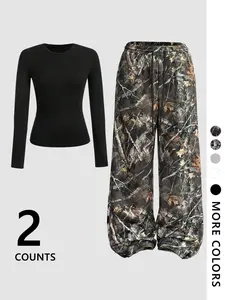 Women's Crew Neck Long Sleeve T-Shirt and Branch Print Sweatpants Set, Casual Comfortable Fit Y2K Style for Fall & Winter