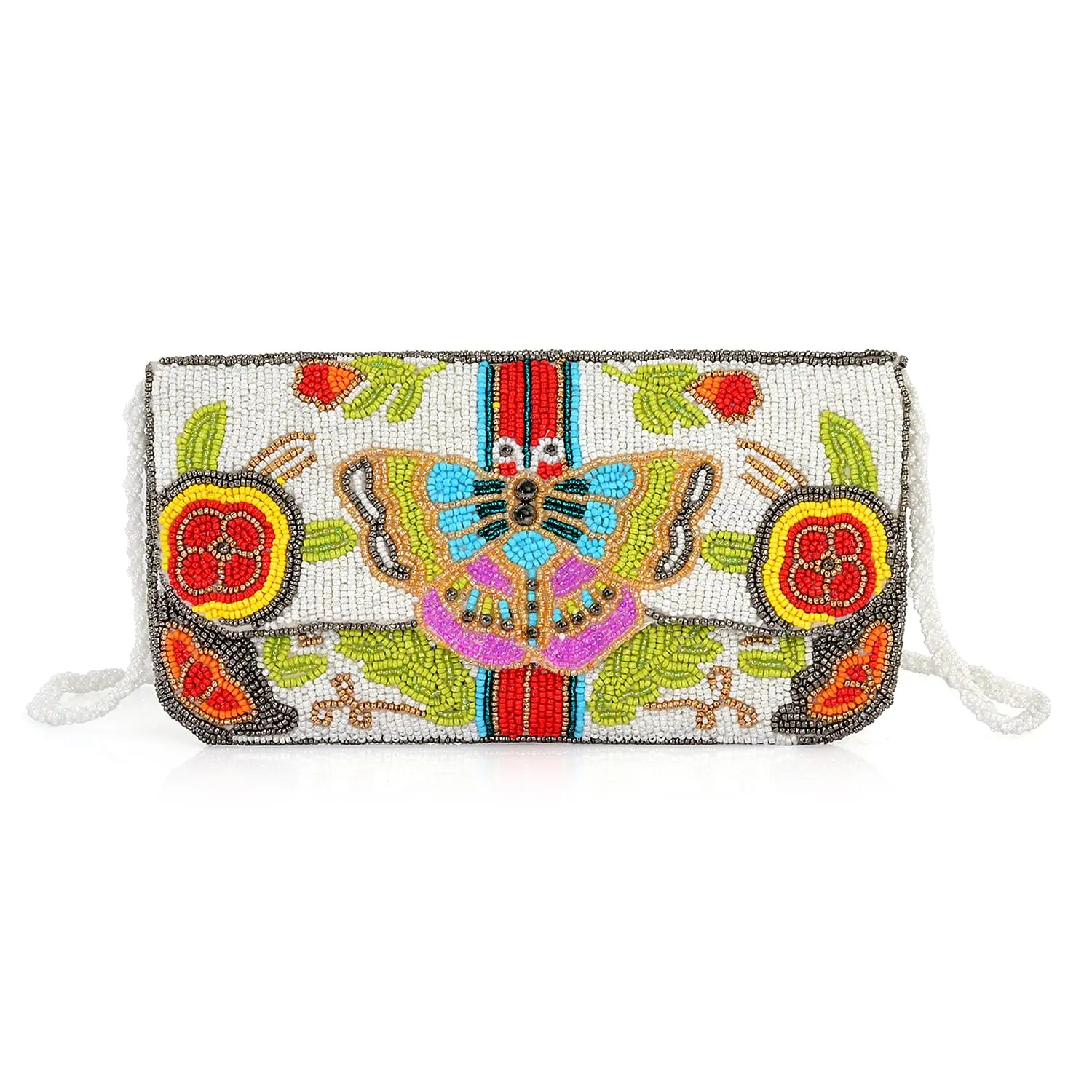 La Marey White Bead Work Genuine Leather Sling Bag (9"x5.5") with Shoulder Strap La Marey White Bead Work Genuine Leather Sling Bag (9"x5.5") with Shoulder Strap