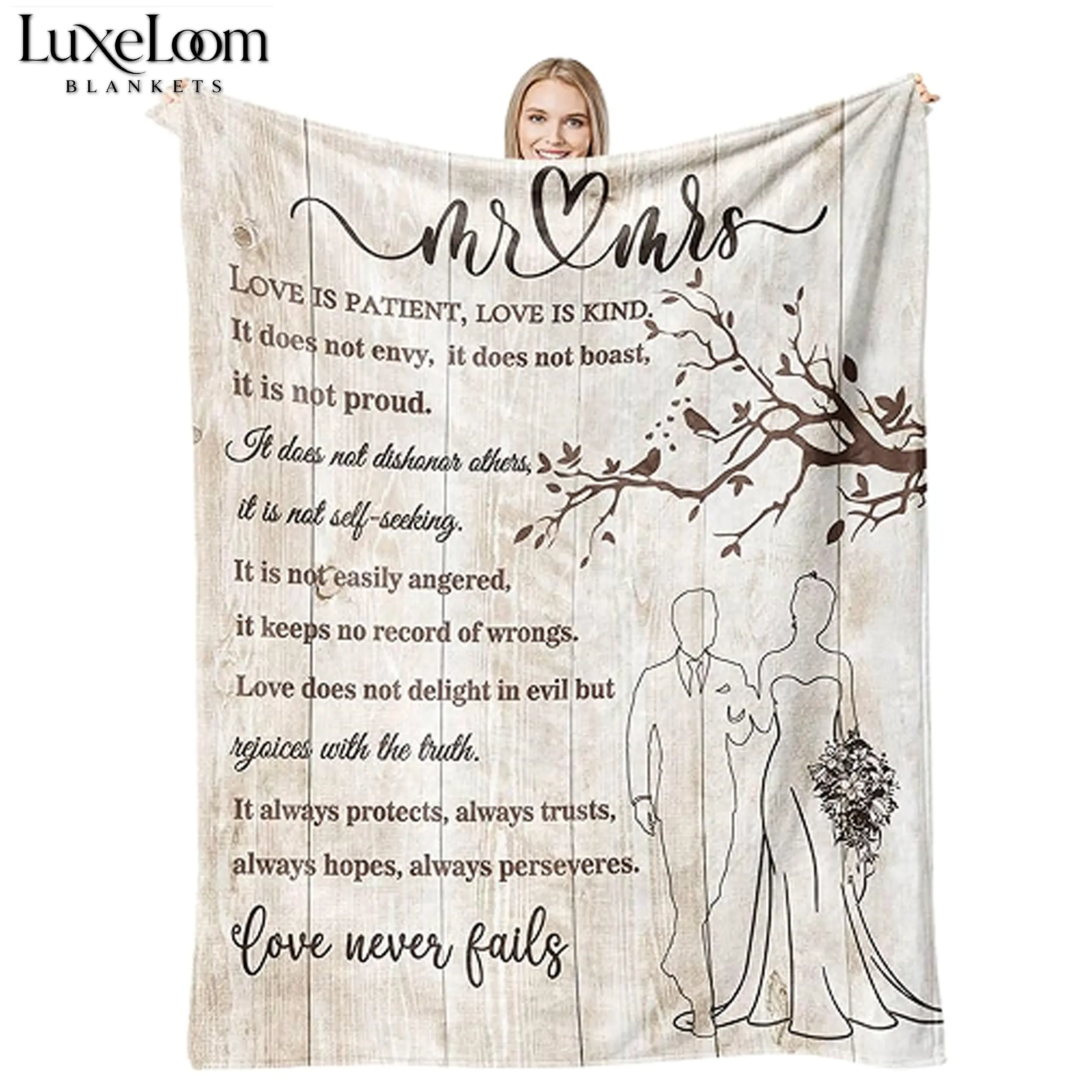 Love Never Fails Blanket | Mr & Mrs Wedding Gifts | Bible Verse Flannel Throw | 1 Corinthians 13 Scripture | Romantic Bridal Shower Present