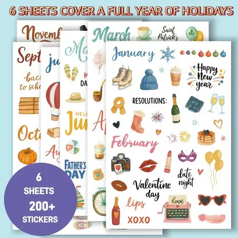 200+Sticker Sheets, Adhesive Stickers, Aesthetic Stickers, Decorative Stickers, With Accessories, Calendar Planner Sticker Book with Monthly Tabs, Birthday, for Bullet Journaling, Scrapbooking Craft, Planners, Vintage & Modern Style