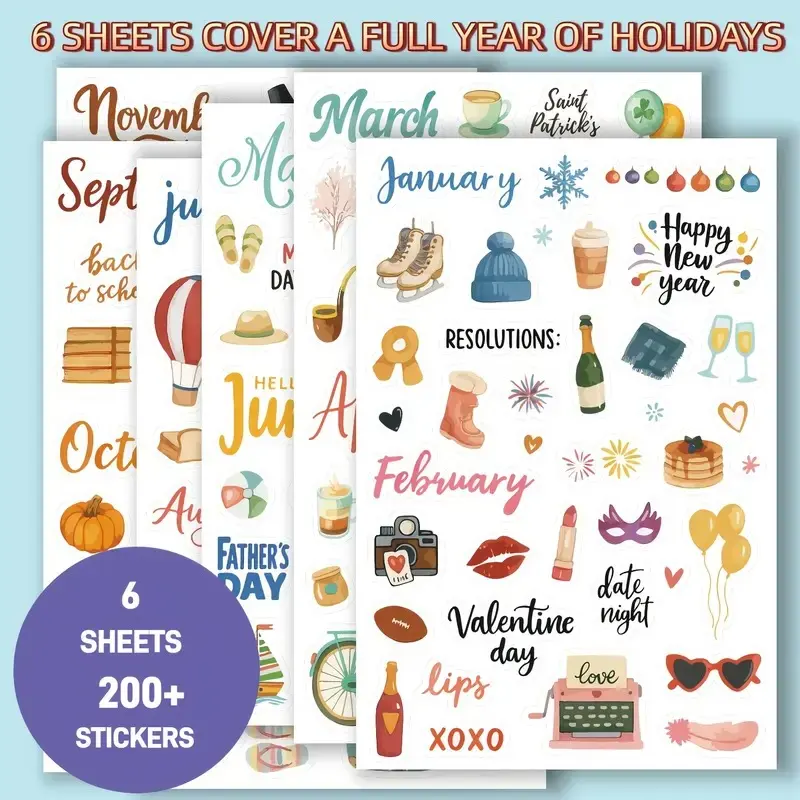 200+Sticker Sheets, Adhesive Stickers, Aesthetic Stickers, Decorative Stickers, With Accessories, Calendar Planner Sticker Book with Monthly Tabs, Birthday, Holidays, Decorations, for Bullet Journaling, Scrapbooking, Planners, Vintage & Modern Style