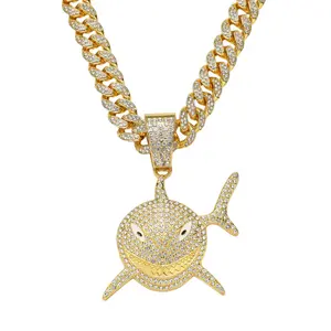 Bling Rhinestone Shark Cuban Link Chain Necklace for Men Hip Hop Streetwear