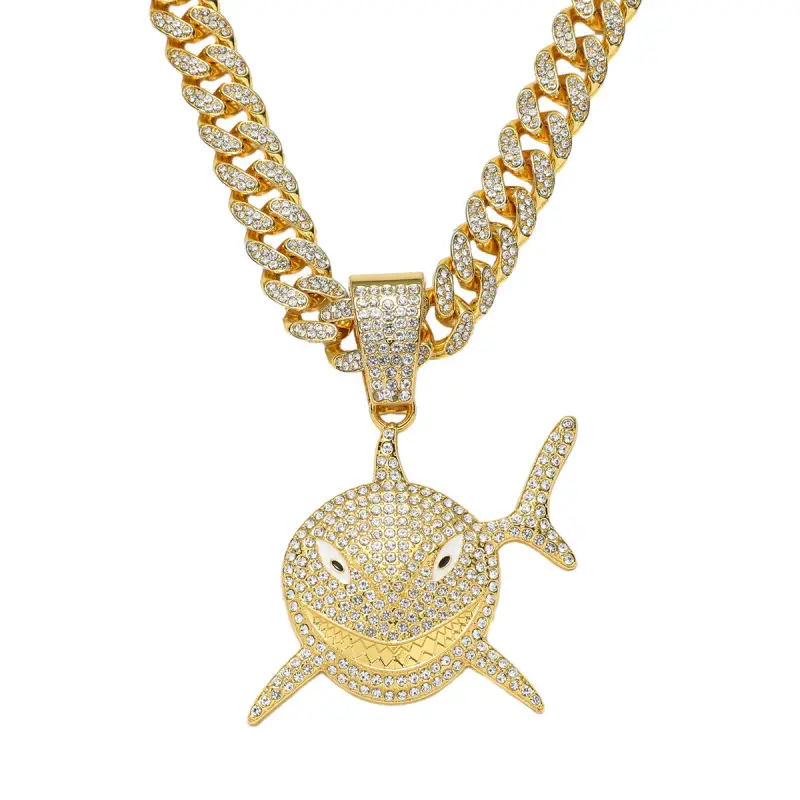 Bling Rhinestone Shark Cuban Link Chain Necklace for Men Hip Hop Streetwear