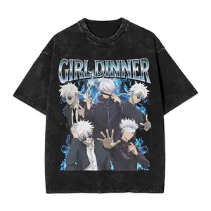 Unisex 230g Heavyweight Washed Pure Cotton Short-Sleeve Sports T-Shirt, Jujutsu Kaisen Anime-Print, Streetwear-Hip-Hop Style Top for Men's Outdoor Activities