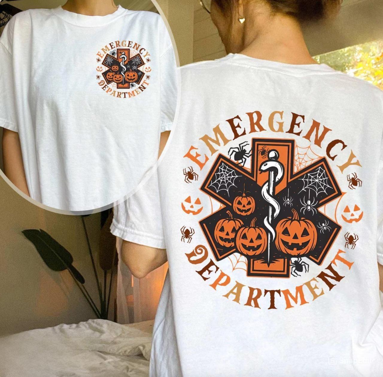 Emergency Department Halloween Shirt, ER Nurse Fall Work Shirt, Emergency Nurse Gift, Emergency Room Tech Tee, Spooky ER Crew Crewneck Sweater For Her