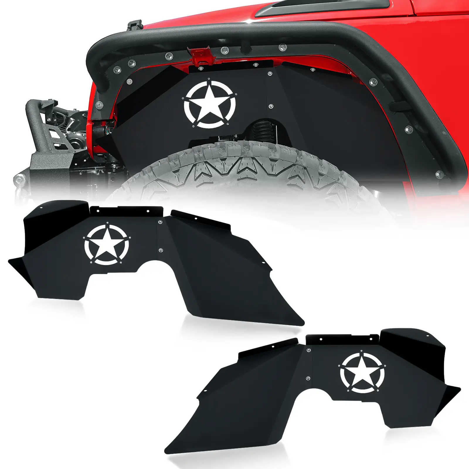 【YZONA】Front Inner Fender Liners - Automotive Vehicle Car Accessories Mud Flaps Splash Guards, Steel Fender Flares Cover with White Star Logo, Compatible with 2007-2018 Jeep Wrangler JK & JKU Unlimited 2/4 Doors (2 PCS)