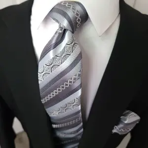 Gray Striped Silk Tie Pocket Square Cufflink Set