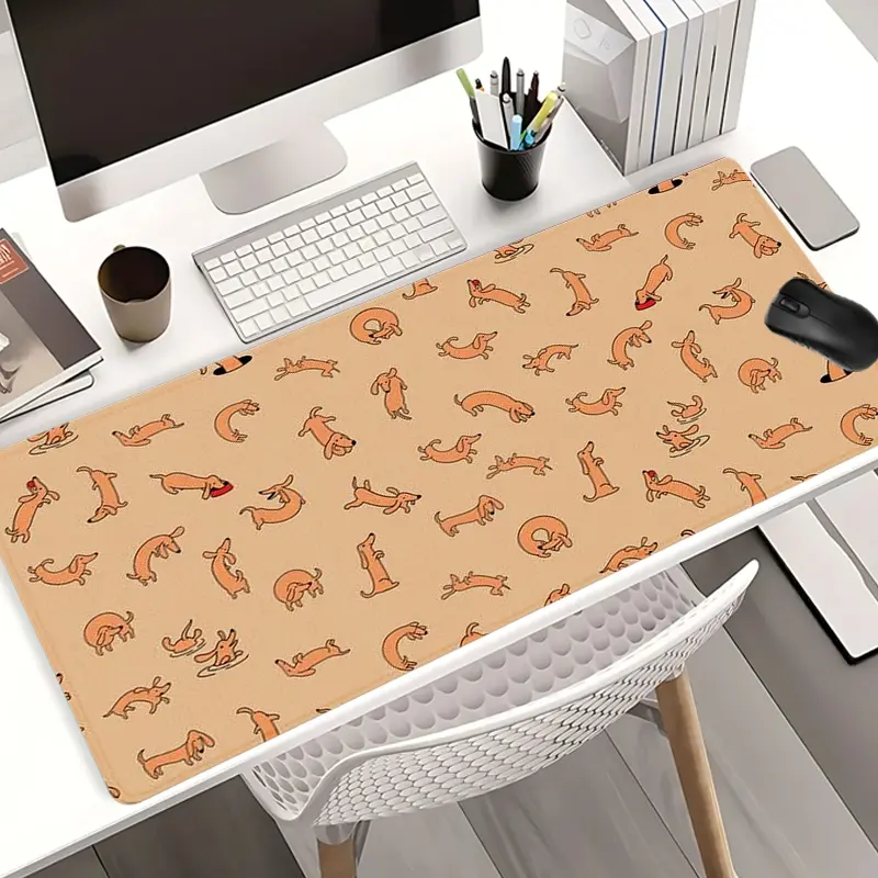 Cartoon Dachshund Pattern Mouse Pads Extra Large Desk Mat (Beige), Non-Slip Rubber Base & Stitched Edge, Adorable Home/Office Decor Desk Accessories for Pet Lovers, Cute Desk Accessories