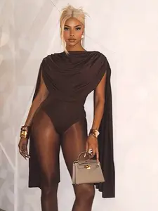 Draped Cowl Neck Cape Sleeve Backless Women Bodysuit, High Stretch Bodycon Jumpsuit for Party Evening
