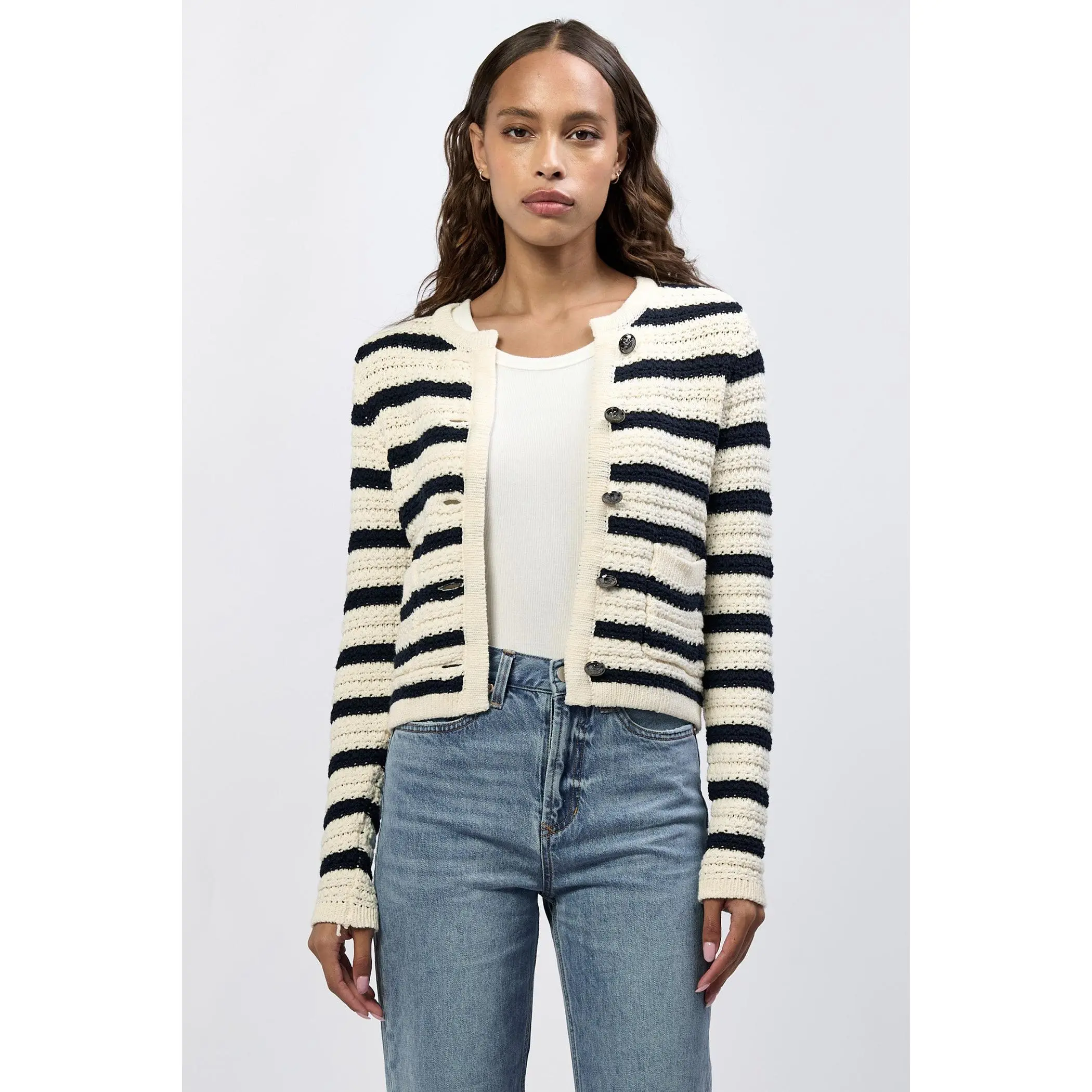 CAMBRIA NOVELTY CARDIGAN SWEATER BLACK IRIS STRIPE