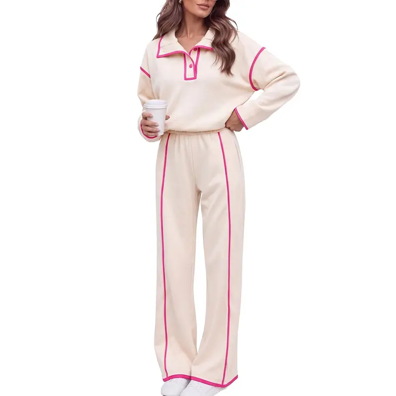 Fisoew Women's 2-Piece Essential Preppy Tracksuit Set - Button-Accented Polo Collar Ribbed Long Sleeve Lightweight Sweatshirt Top & Wide Leg Pants with Contrast Piping, Casual Loungewear