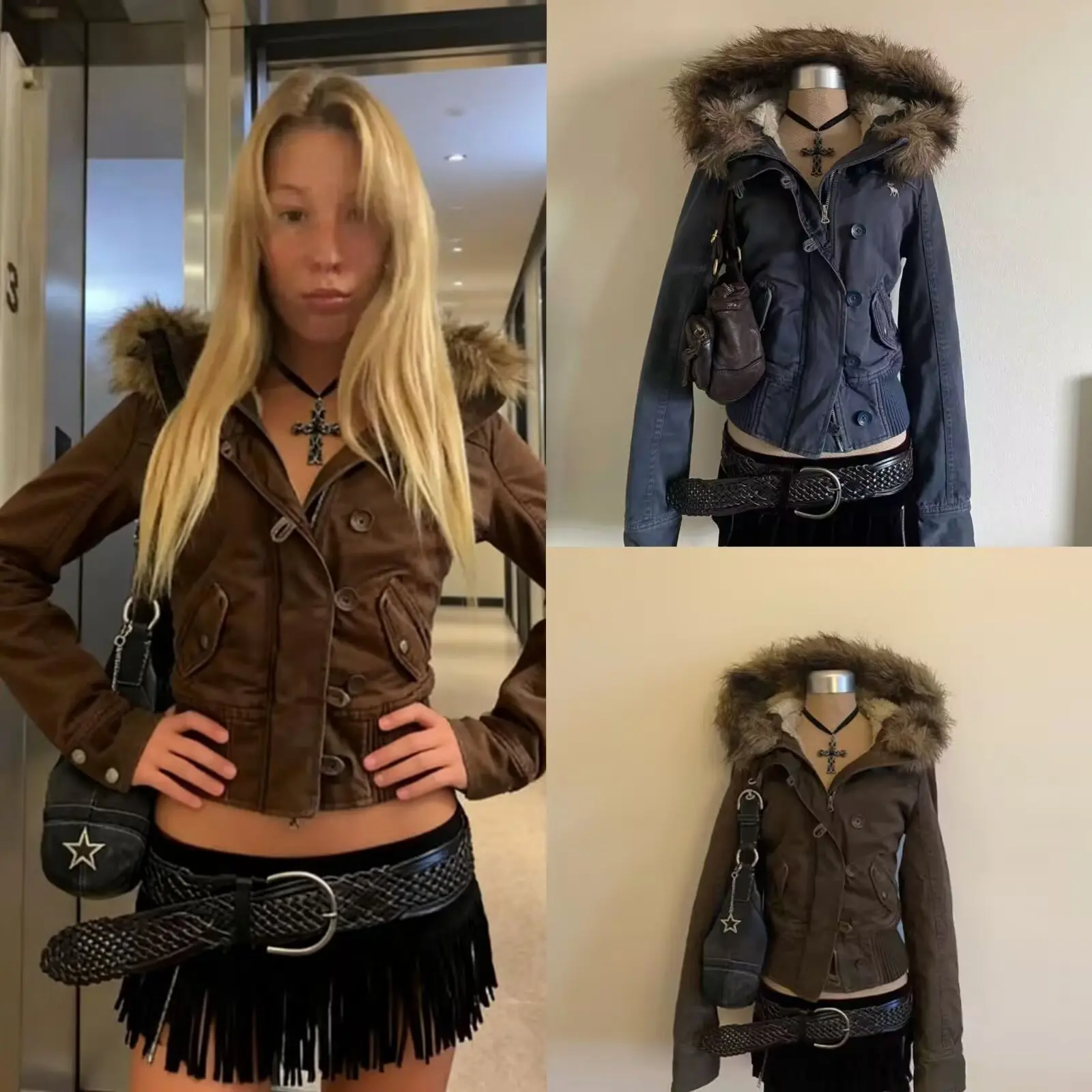 Jacket with Fur Trim and Button Closure for Women, fall winter fur collar hooded short jacket with thickened fleece lining