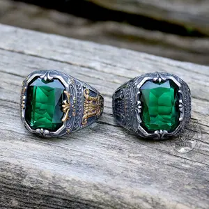 GTHIC Vintage Patterns Green Zircon Stainless Steel Ring for Men Women Gothic Statement Jewelry Daily Wear