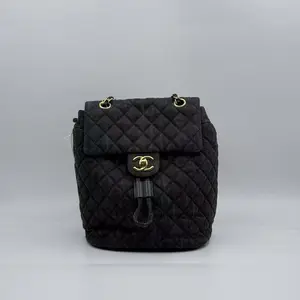 Pre-owned CHANEL H5 Black Tannin Gold Buckle Diamond Mini Backpack H19636