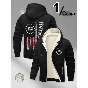 Men's 1776 American Independence Day Fleece Jacket, Vintage Distressed Flag Hooded Zipper Military Style Warm Top Winter Fashion Clothing for Winter Casual Wear
