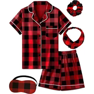 Kids Girl Pajama Set with Headband Blindfold Hair Tie Toddler Boy Girl Satin Silky Button-up Pajama SleepwearGift