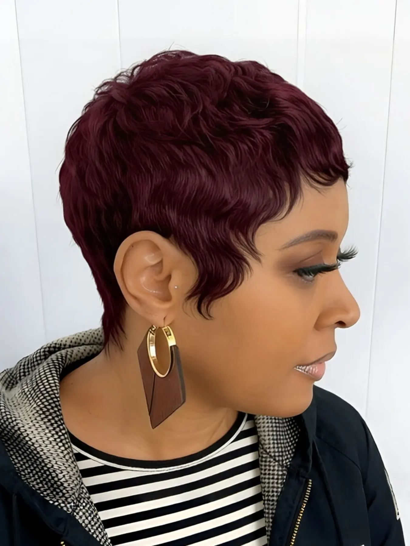 pixie wig black burgundy brown color machine made pixie wig 