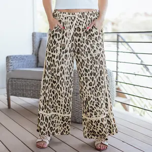 Women's Leopard Print Drawstring High Waist Wide Leg Pants Plus Size Bottom With Side Pocket Comfort Casual Pants