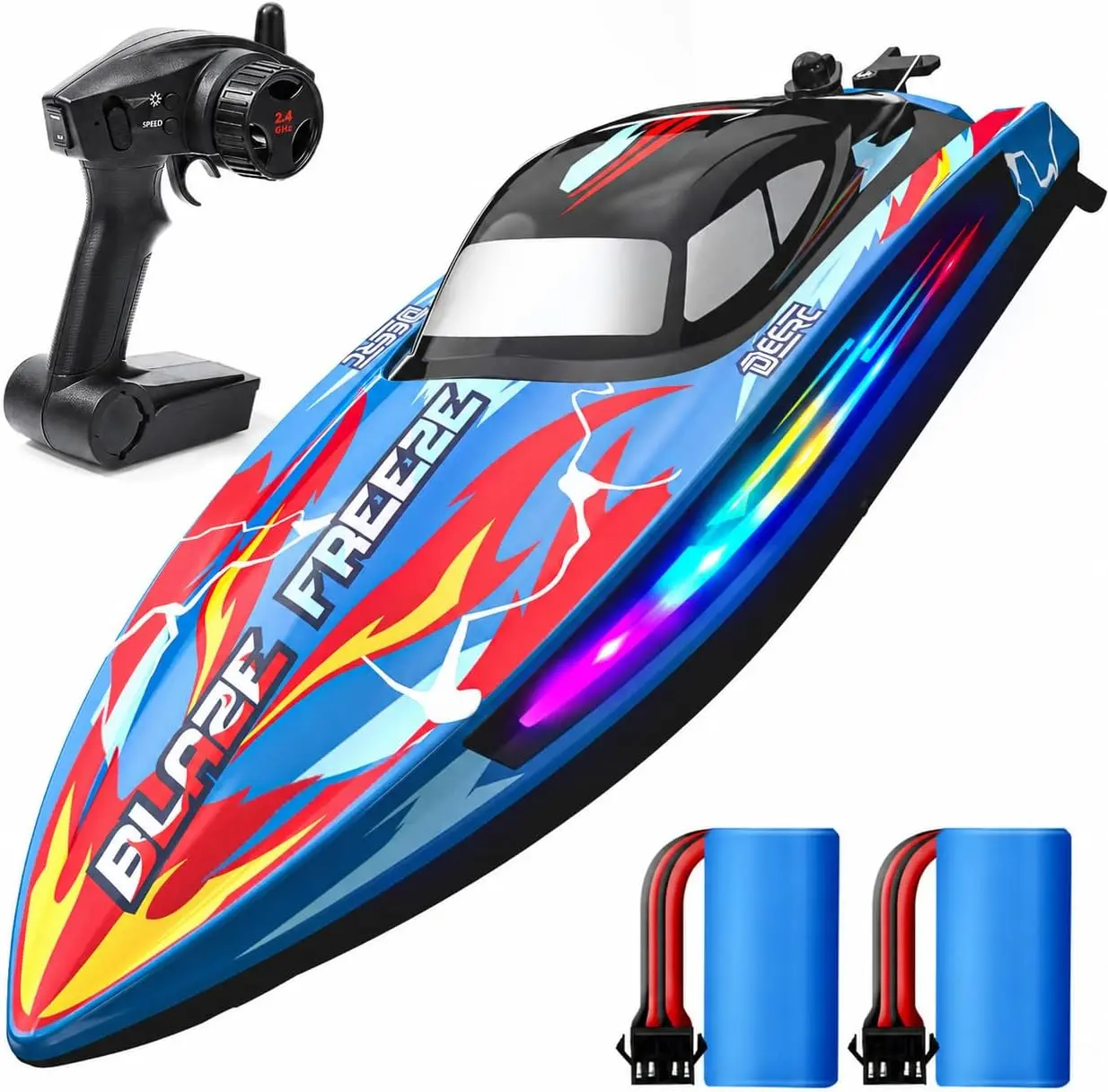 DEERC Fast RC Boat for Pool & Lake, 20+MPH, 40+ Mins, 7 LED Light Modes | Self Righting Remote Control Racing Speed Boat for Kids, 2.4Ghz Summer Water Toy Gift