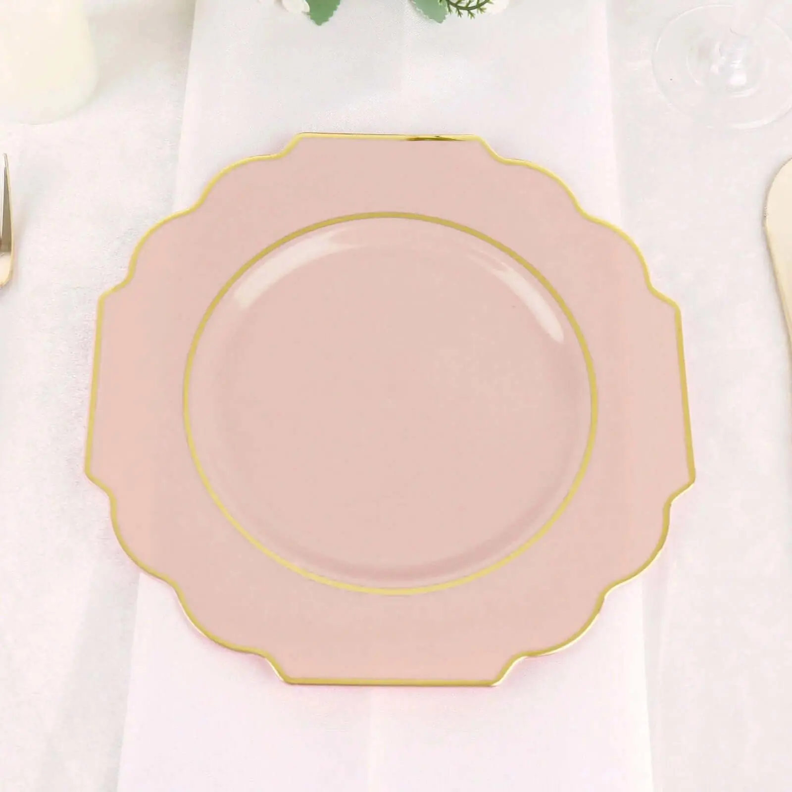 10-Pack Round 8 in Disposable Plastic Dessert Plates - Blush Baroque Design, Scalloped Gold Rim, Heavy Duty Disposable Dinnerware for Weddings, Birthday Party