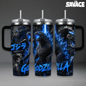 Godzilla Atomic Breath Travel Tumbler, 20oz & 40oz Stainless Steel Cup with Handle. King of the Monsters Kaiju Art, Iconic 1954-2024 Anniversary Style, Ideal Gift for Monster Movie Lovers