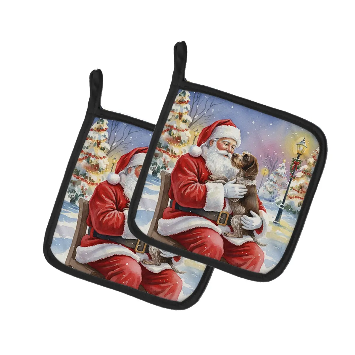 Carolines Treasures FNT1038PTHD 7.5x7.5 in. German Wirehaired Pointer Christmas Santa Bakeware Kitchen Oven Fabric Pot Holders Set - 2-Pack, Machine-Washable, Hanging Design, Thanksgiving Use