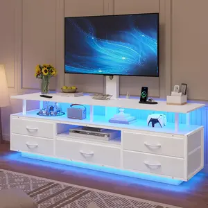 TV Stand with Mount for 45/55/65/70 inch TVs, 51.2" LED TV Stand with Power Outlets & Storage, Entertainment Center with Storage, Wihte