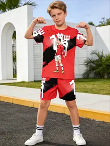 Kids 2 Piece Outfits Boys Summer Short Sleeve T Shirt + Shorts Set Cristiano Ronaldo Manchester United 7 Red Devil Print Football Fan Kids Clothing Casual Sport Wear for School Daily Football Match & Fan Gathering