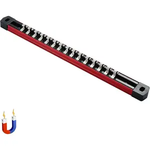 1/4-Inch Drive Magnetic Socket Organizer, Heavy Duty Aluminum Socket Rails, 15 Stainless Clips (Red)