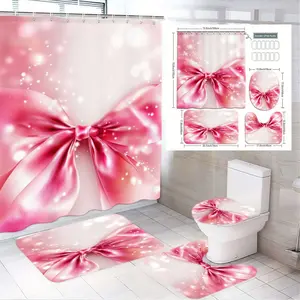 4pcs Chic Bow Bathroom Curtain Set, Sparkling Bokeh Effects, Stylish Rectangular & Oval Bath Mats, The floor mat fabric is thicker and softer! Elegant Toilet Seat Cover, Spring Decor
