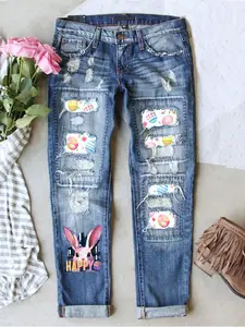Women’s Easter Cute Rabbit Print Mid-Waist Patch Ripped Boyfriend Distressed Stretch Waistband Cute Unique  Fitted Denim Jeans Comfy for All Seasons