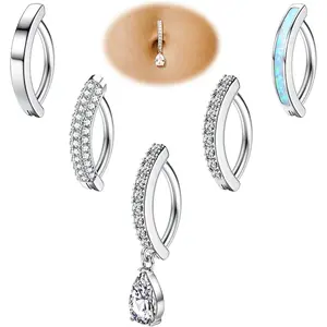 Sanfenly 5Pcs 14G Opal Navel Rings for Women Silver Gold Hypoallergenic Belly Button Piercing Jewelry Simple Dangle CZ Small Clicker Piercings Pack