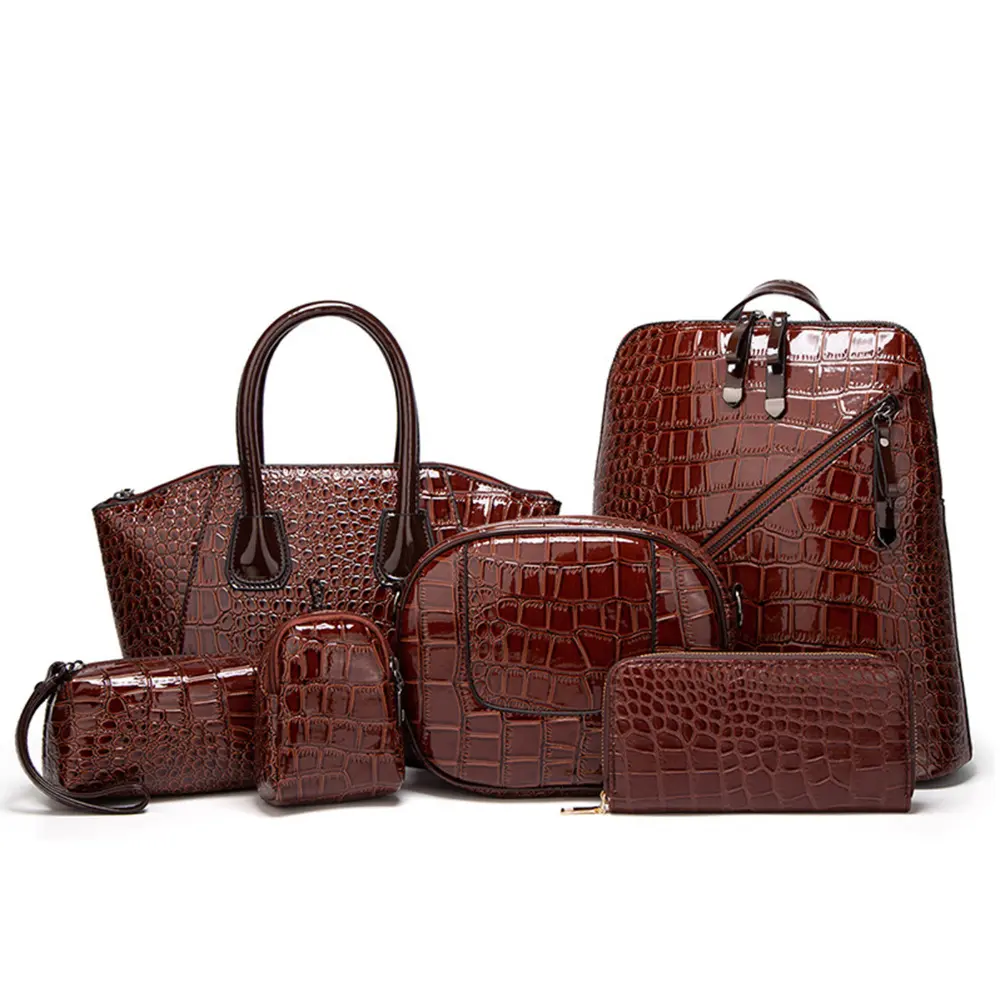 6pcs PU Crocodile Embossed Women's Bag Set, Includes: Backpack, Tote Bag, Shoulder Bag, Clutch, Keybag, Wallet