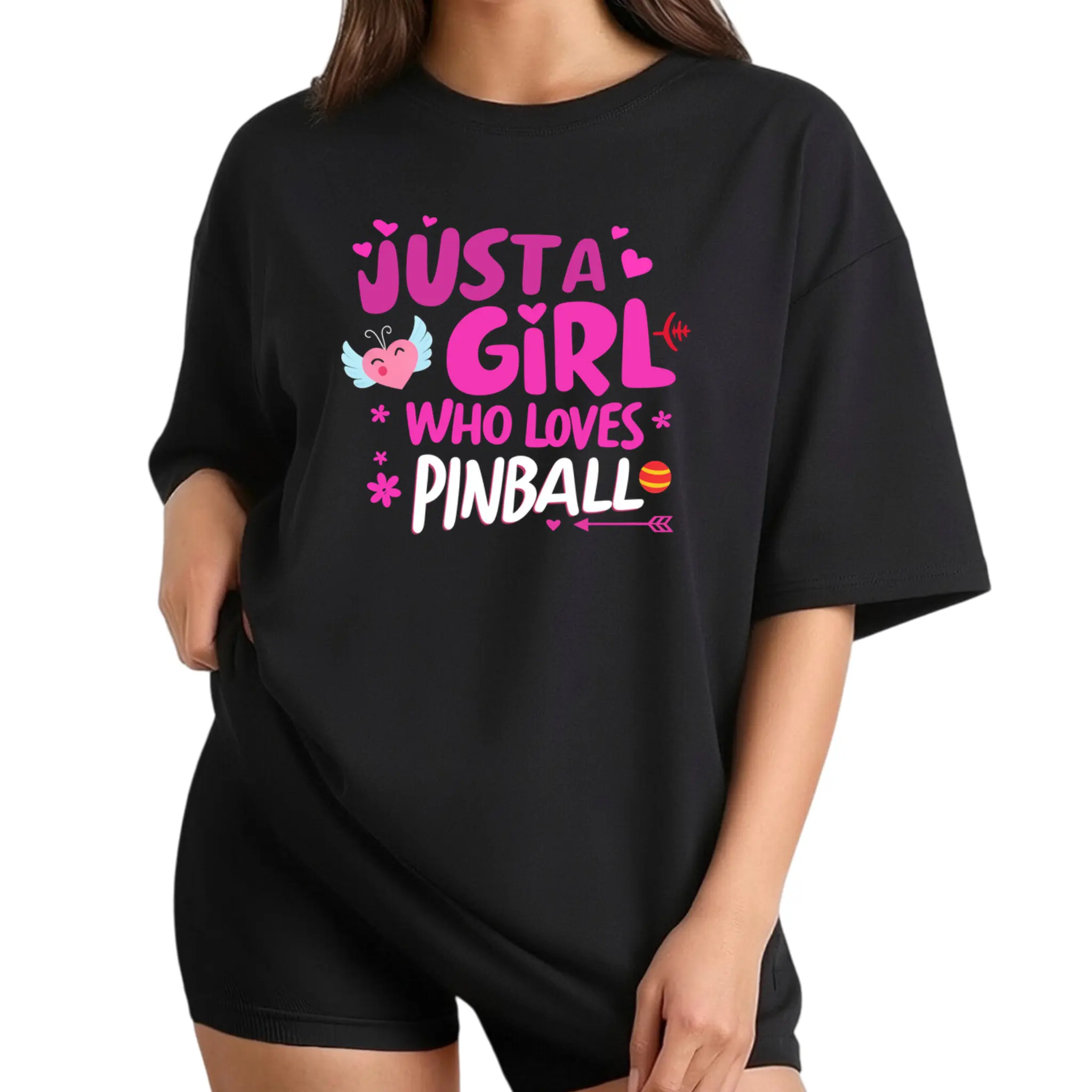Women's Retro Pinball Machine T-Shirt - Just A Who Loves Pinball Graphic Tee, Arcade Game Design Short Sleeve Crewneck Top for Casual Wear & Pinball Parties - Funny Gamer Apparel